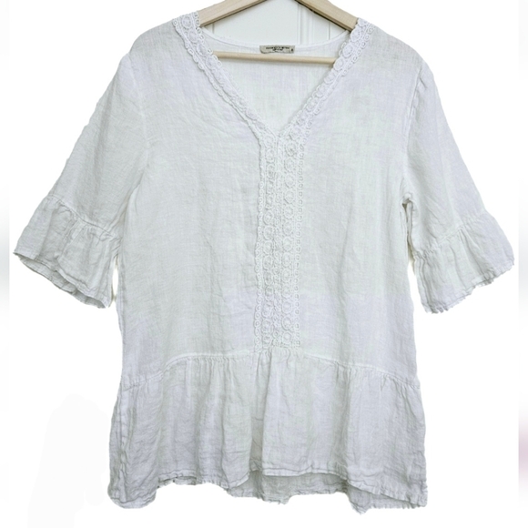 Francesca Bettini Tops - Francesca Bettini made in Italy Linen cotton White Lace tunic blouse top size S